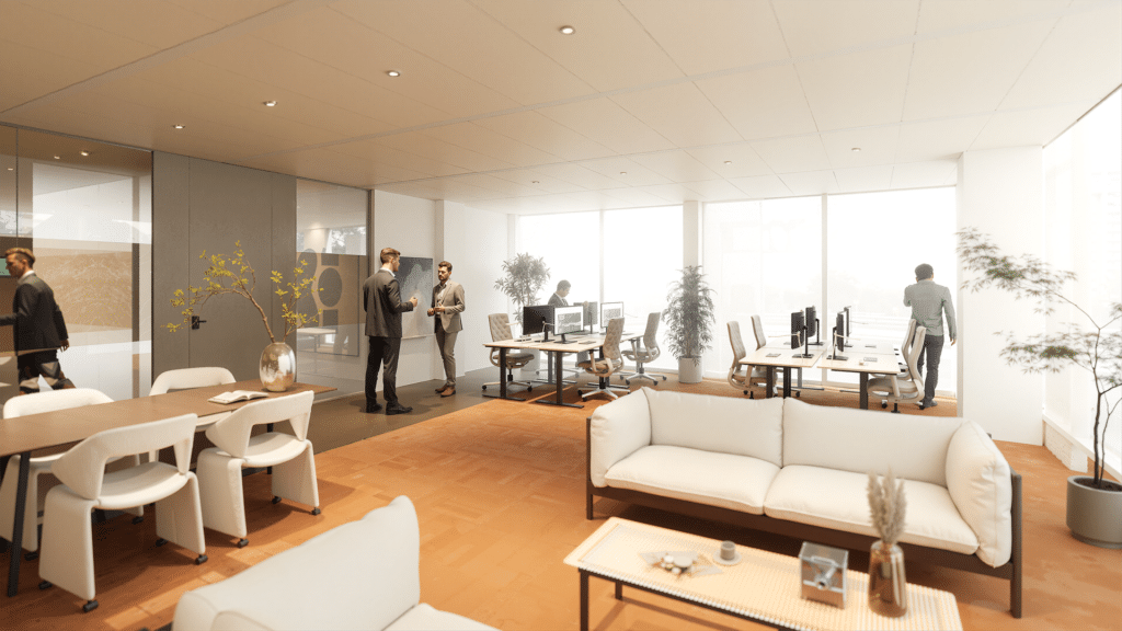 Kantoorruimte in Amsterdam The Rock met moderne werkplekken, witte zithoek, vergadertafel en veel daglicht.