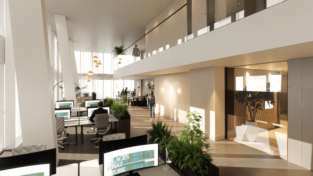Kantoorruimte in Amsterdam The Rock bij Frame Offices met open werkplekken, hoge ramen, planten en veel natuurlijk licht.